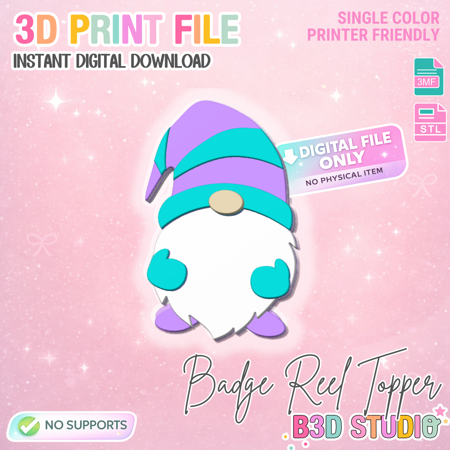 Gnome Badge Reel Topper 3D Print File (STL & 3MF Digital Download)