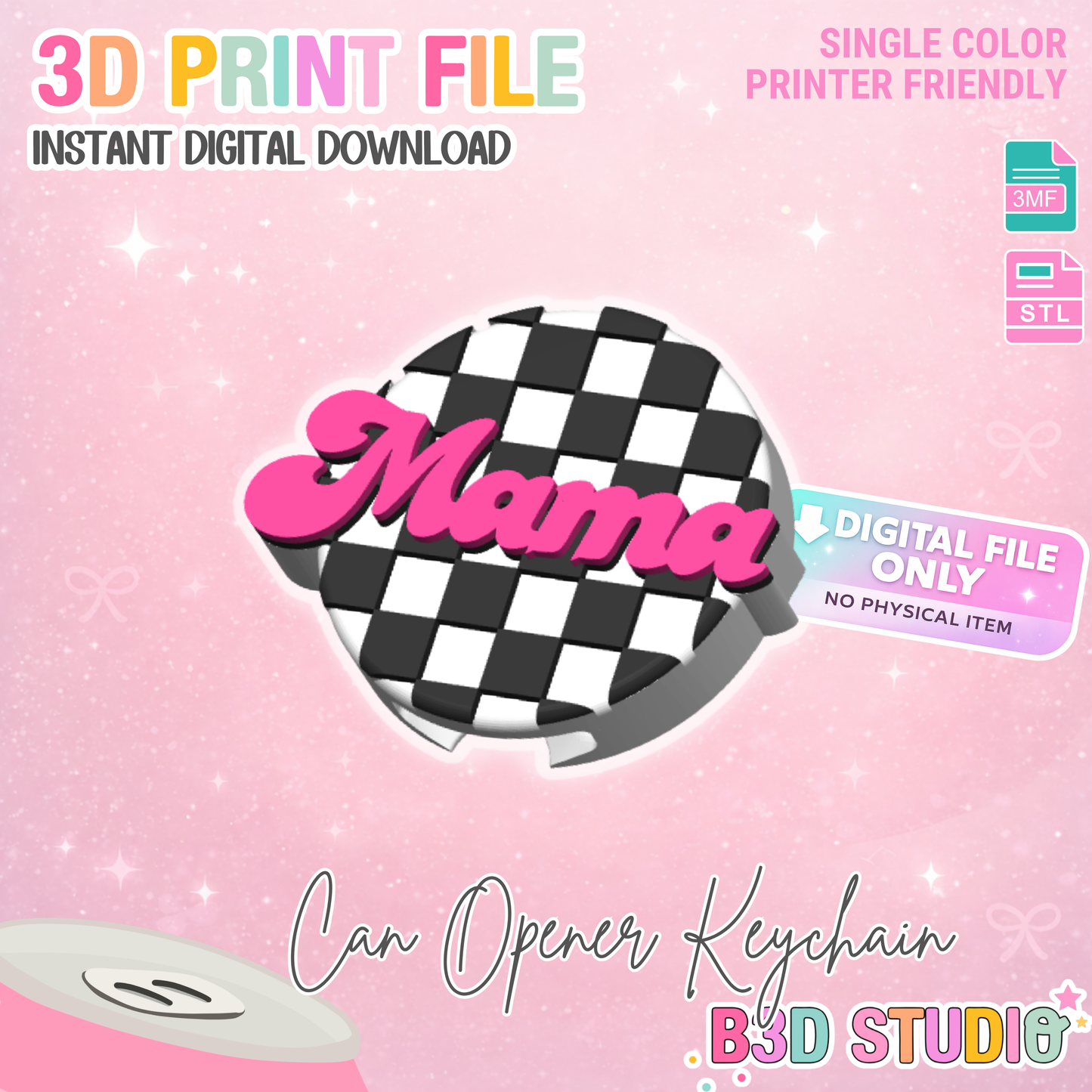 Checkered Mama Can Opener Keychain 3D Print File (STL + 3MF Digital Download)