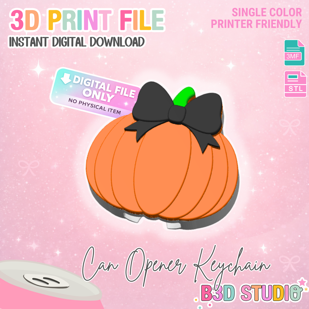 Bow Pumpkin Can Opener Keychain 3D Print File (STL + 3MF Digital Download)