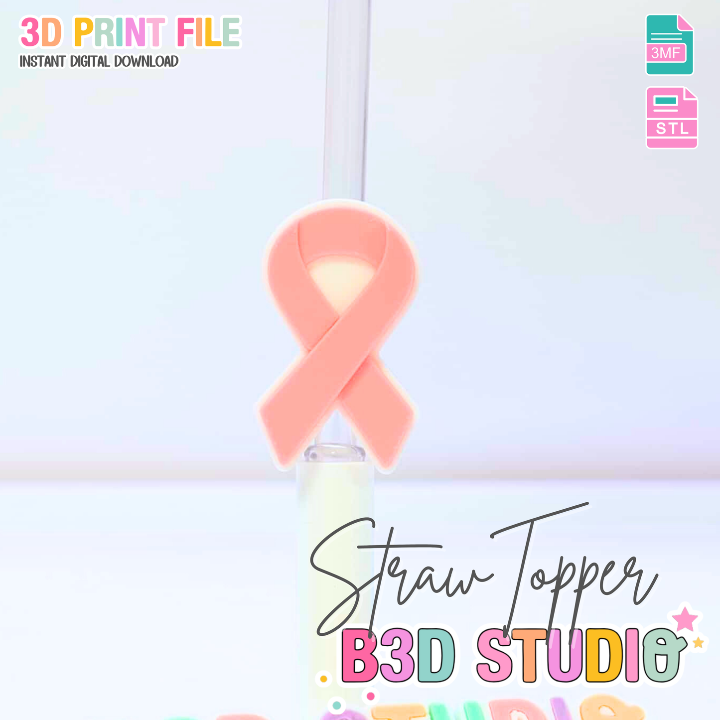Ribbon Straw Topper 3D Print File (STL & 3MF Digital Download) 8mm + 10mm Sizes