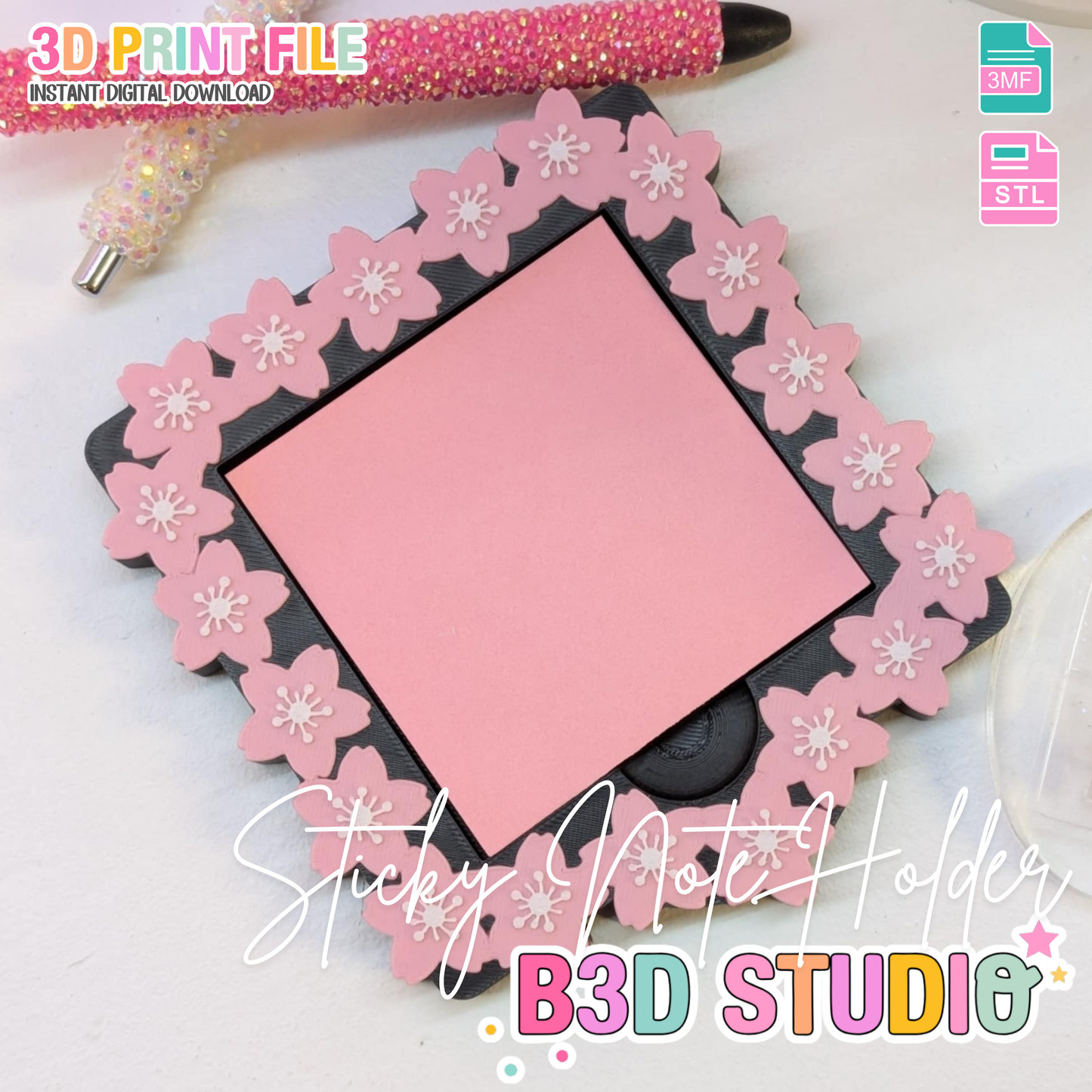 Cherry Blossom Sticky Note Holder - STL & 3MF - Digital Download