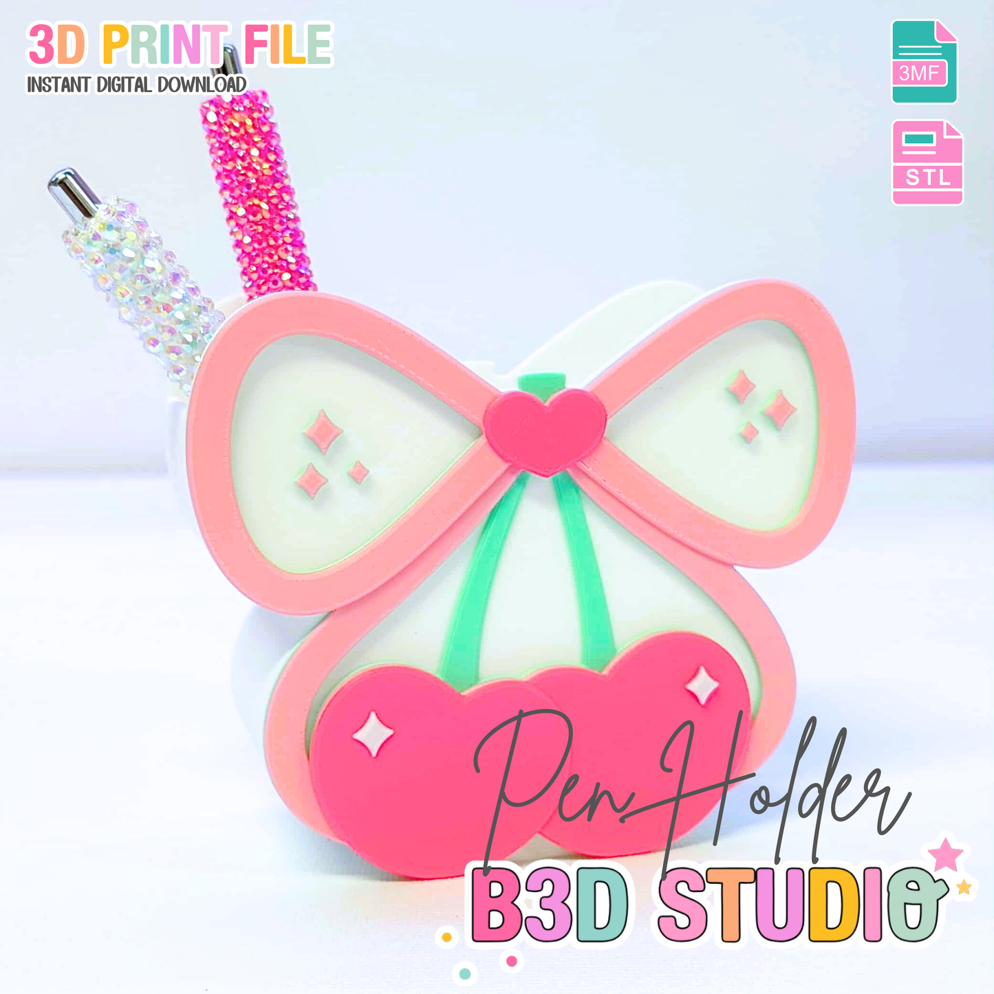Cherry Bow Heart Pen Holder 3D Printable: Cute Desk Decor (STL + 3MF File)