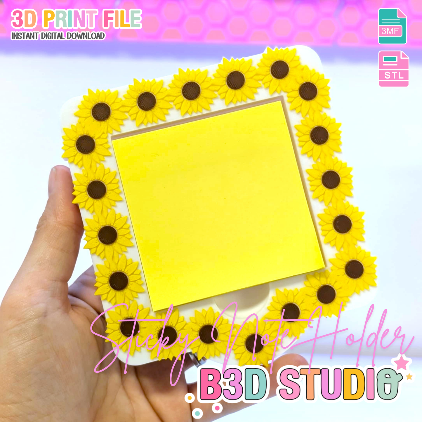 Sunflowers Sticky Note Holder - STL & 3MF - Digital Download