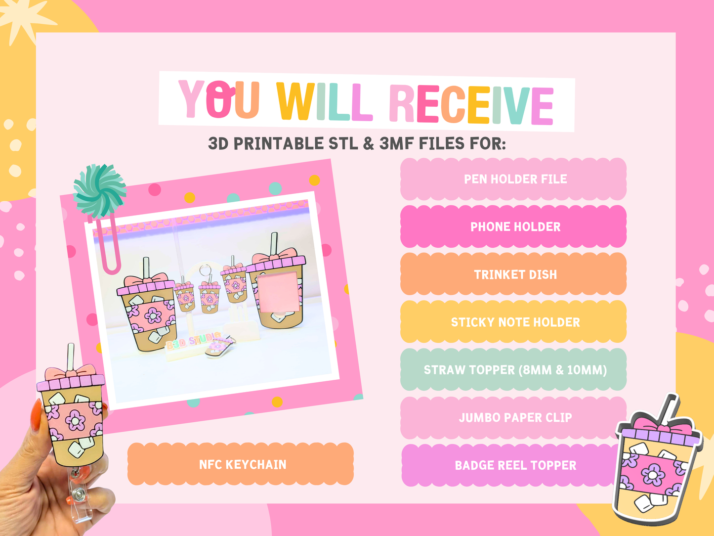 Iced Coffee 3D Print File Bundle | Pen Holder, Sticky Note Holders, Straw Toppers, Paper Clip, Embellishment, Trinket Dish | STL & 3MF Digital Download