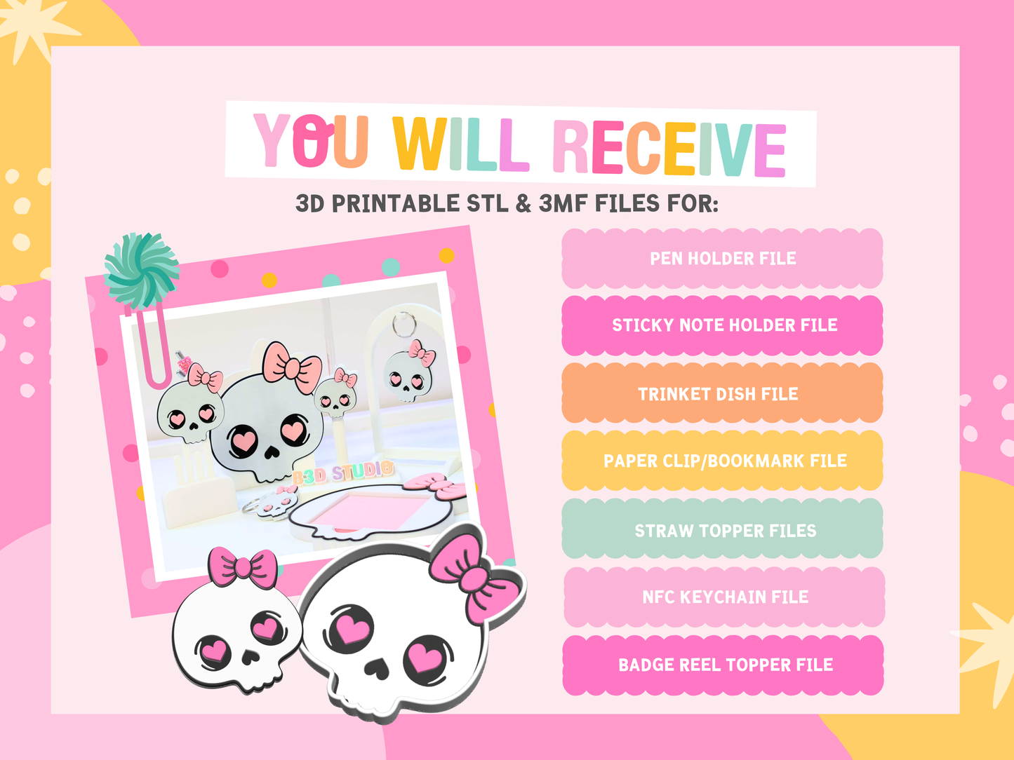 Skull Bow 3D Print File Bundle | Pen Holder, Sticky Note Holder, Trinket Dish, Straw Topper, Paper Clip, Embellishment | STL & 3MF Digital Download
