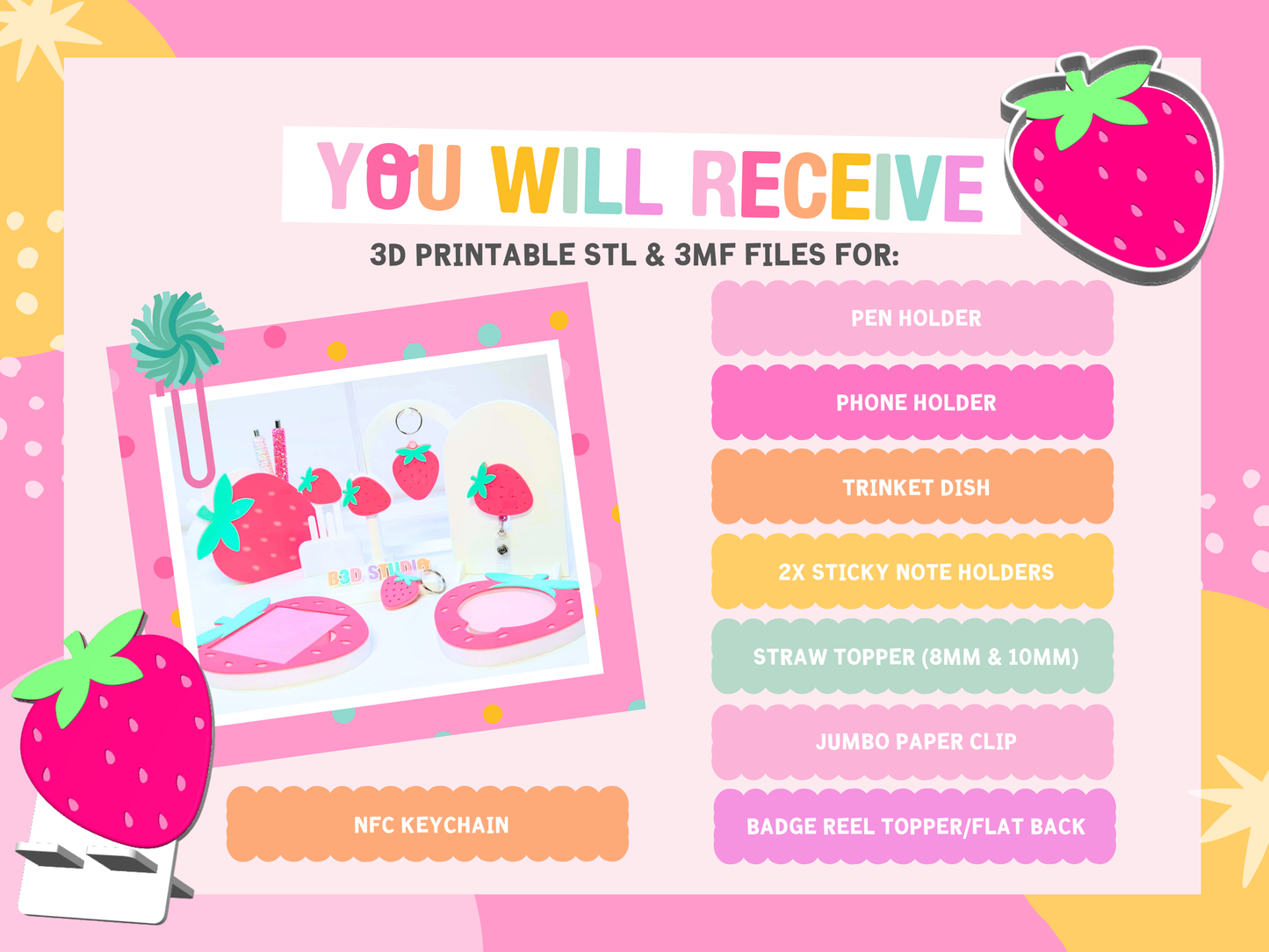 Strawberry 3D Print File Bundle | Pen Holder, Sticky Note Holders, Straw Toppers, Paper Clip | STL & 3MF Digital Download