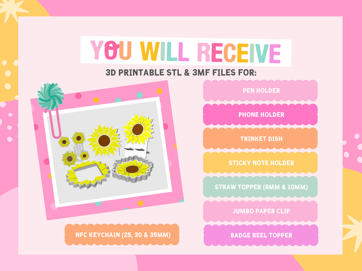 Sunflower 3D Print File Bundle – Desk Decor (STL/3MF Digital Download)