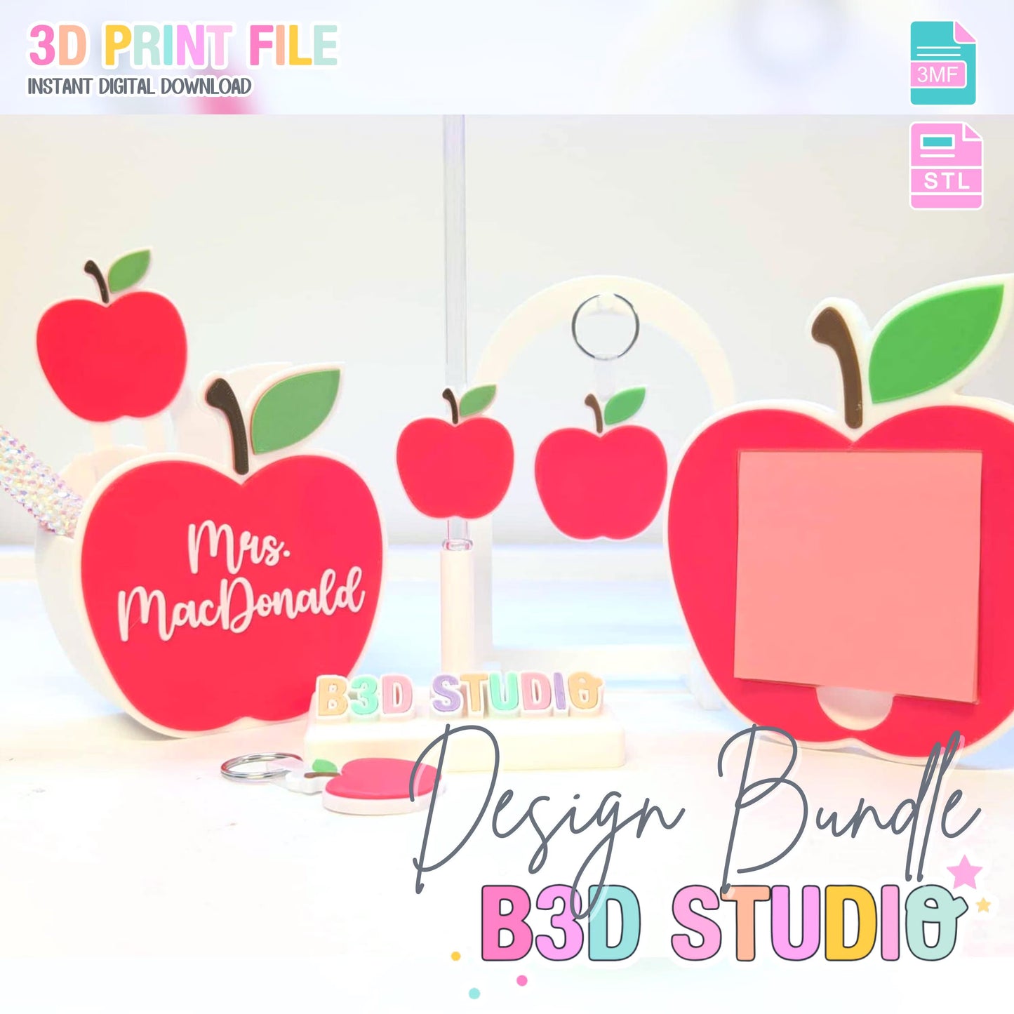 Apple 3D Print File Bundle | Pen Holder, Sticky Note Holders, Straw Toppers, Paper Clip | STL & 3MF Digital Download
