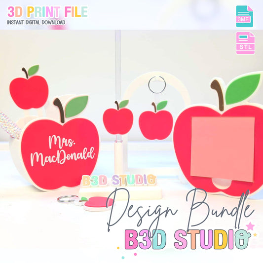 Apple 3D Print File Bundle | Pen Holder, Sticky Note Holders, Straw Toppers, Paper Clip | STL & 3MF Digital Download