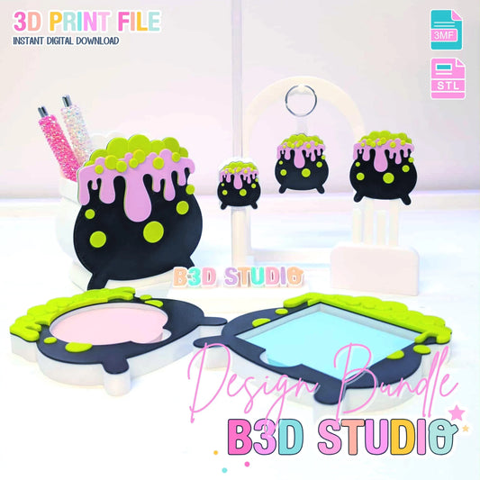 Cauldron 3D Print File Bundle | Pen Holder, Sticky Note Holders, Straw Toppers, Paper Clip | STL & 3MF Digital Download