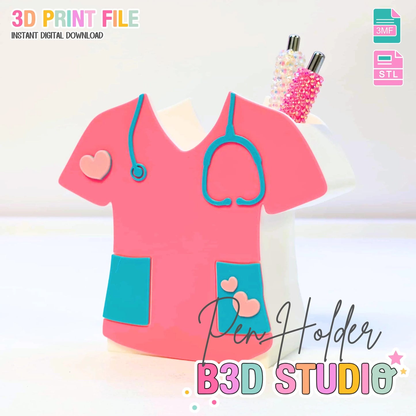 Scrub Top Pen Holder 3D Printable: Desk Decor (STL + 3MF File)