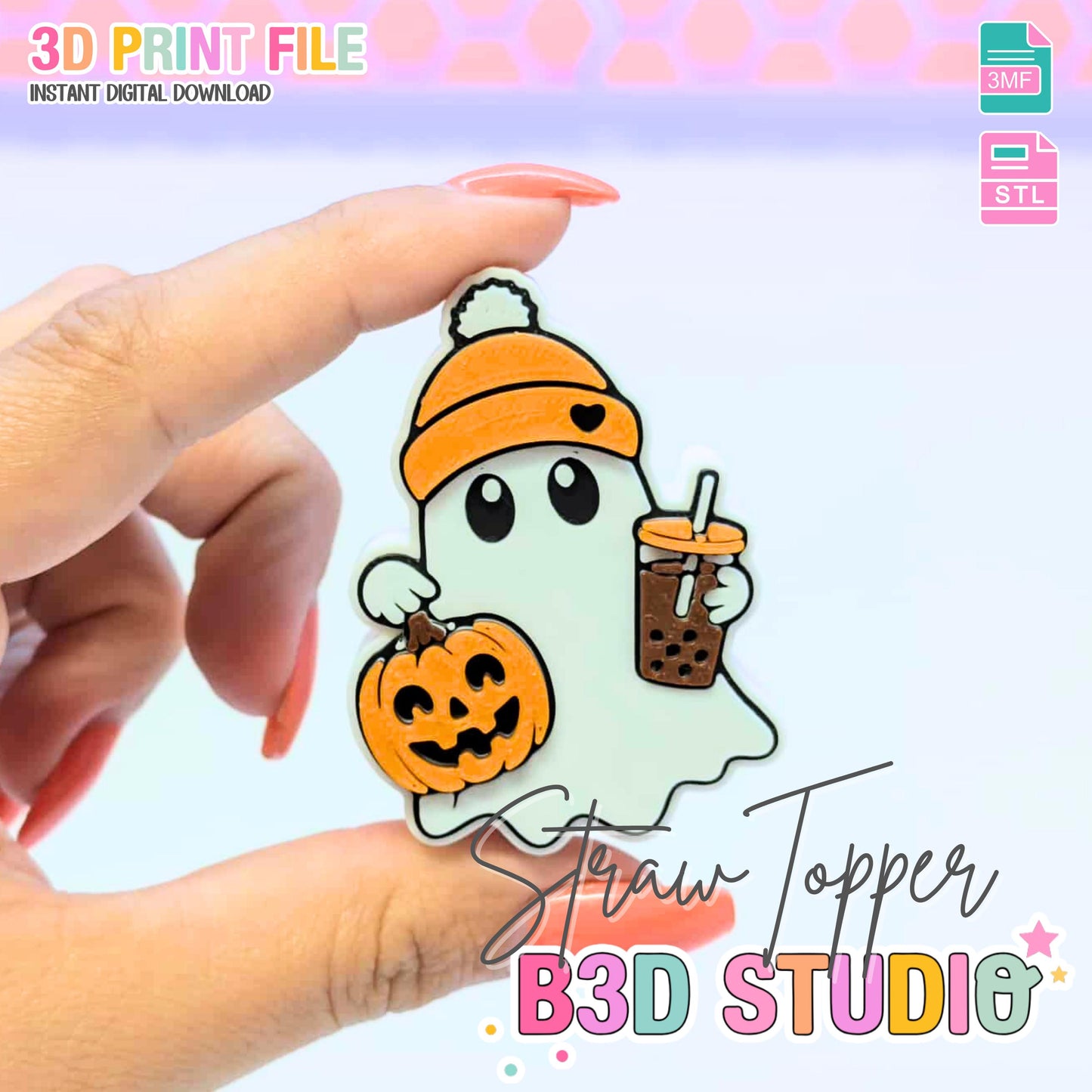 Fall Ghost Straw Topper 3D Print File (STL & 3MF Digital Download) 8mm + 10mm Sizes