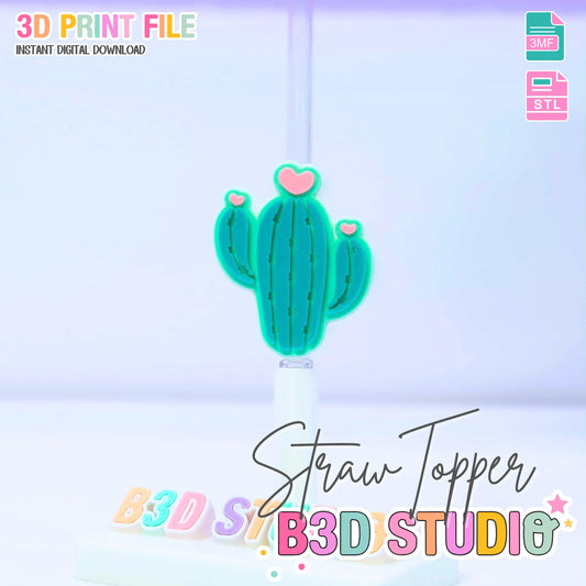 Heart Cactus Straw Topper 3D Print File (STL & 3MF Digital Download) 8mm + 10mm Sizes